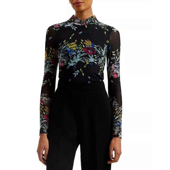 Ted Baker Amanda Black Floral Mesh Top Funnel Neck Long Sleeve Sz XS Maximalism - Picture 2 of 7